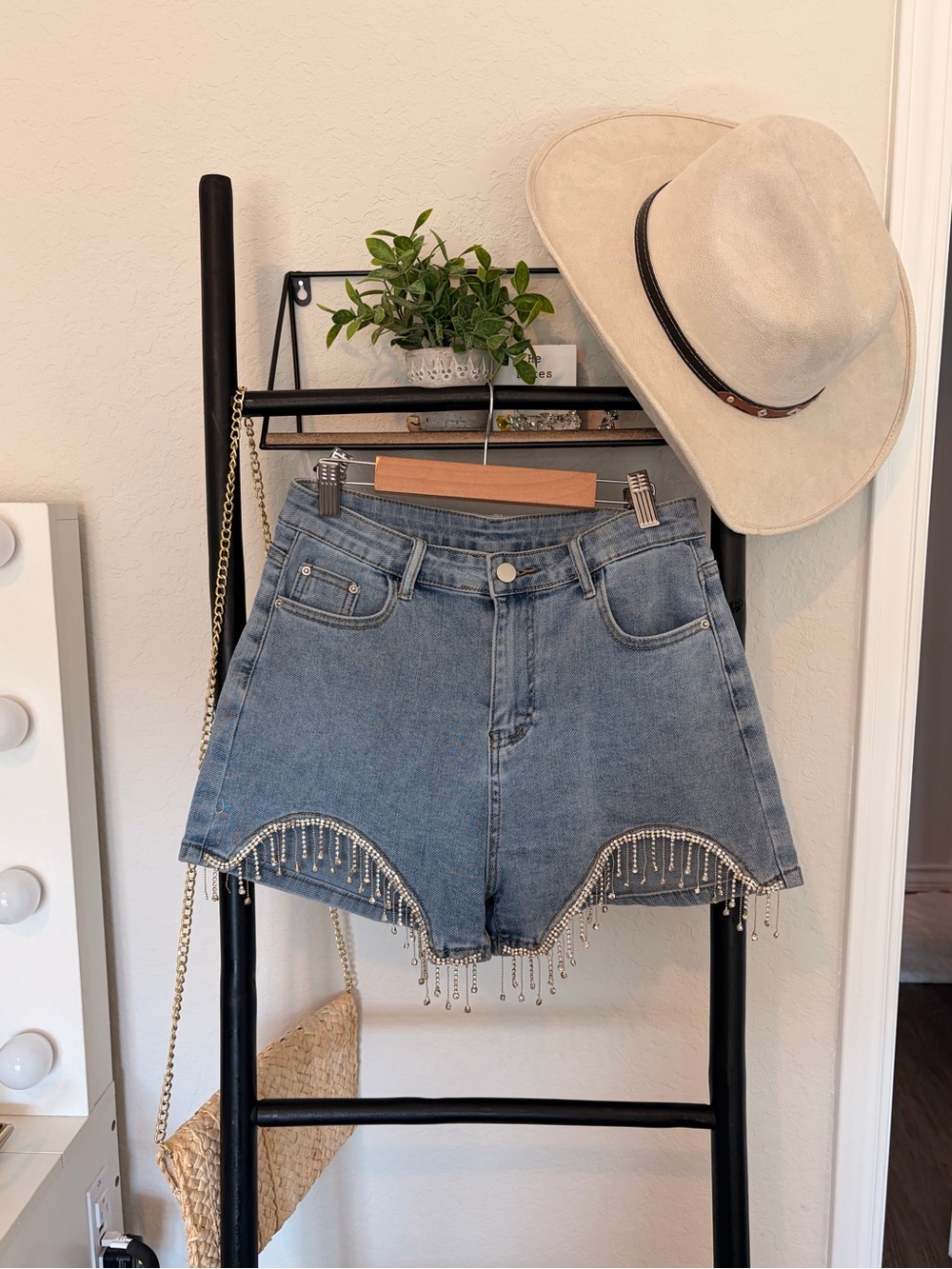 Denim Shorts with Beaded Fringe ( with stretch)!